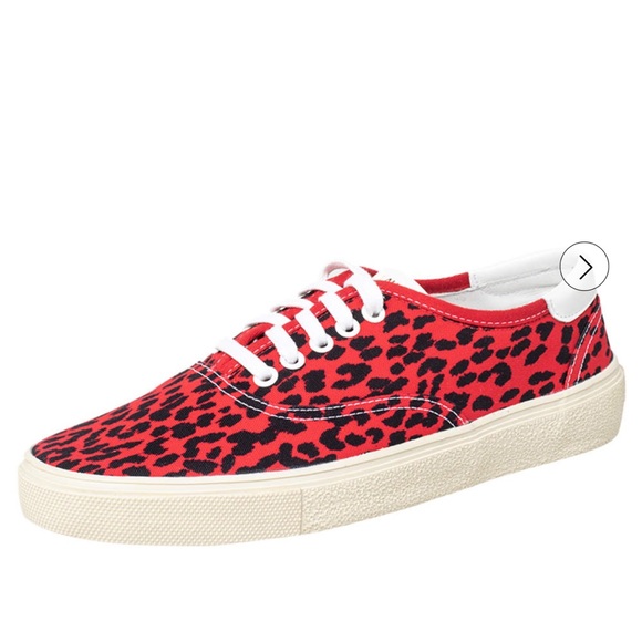 Saint Laurent Paris Red/Black Leopard Print Canvas Skate Low Top Sneakers - Picture 4 of 16